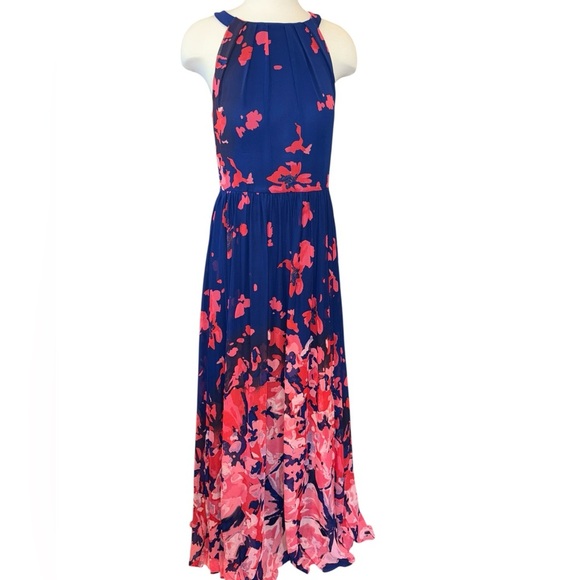 Betsy&Adam Women's Dress Size 14 Blue/Red Maxi Halter Sleeveless Zip/Tie Close - Picture 1 of 11